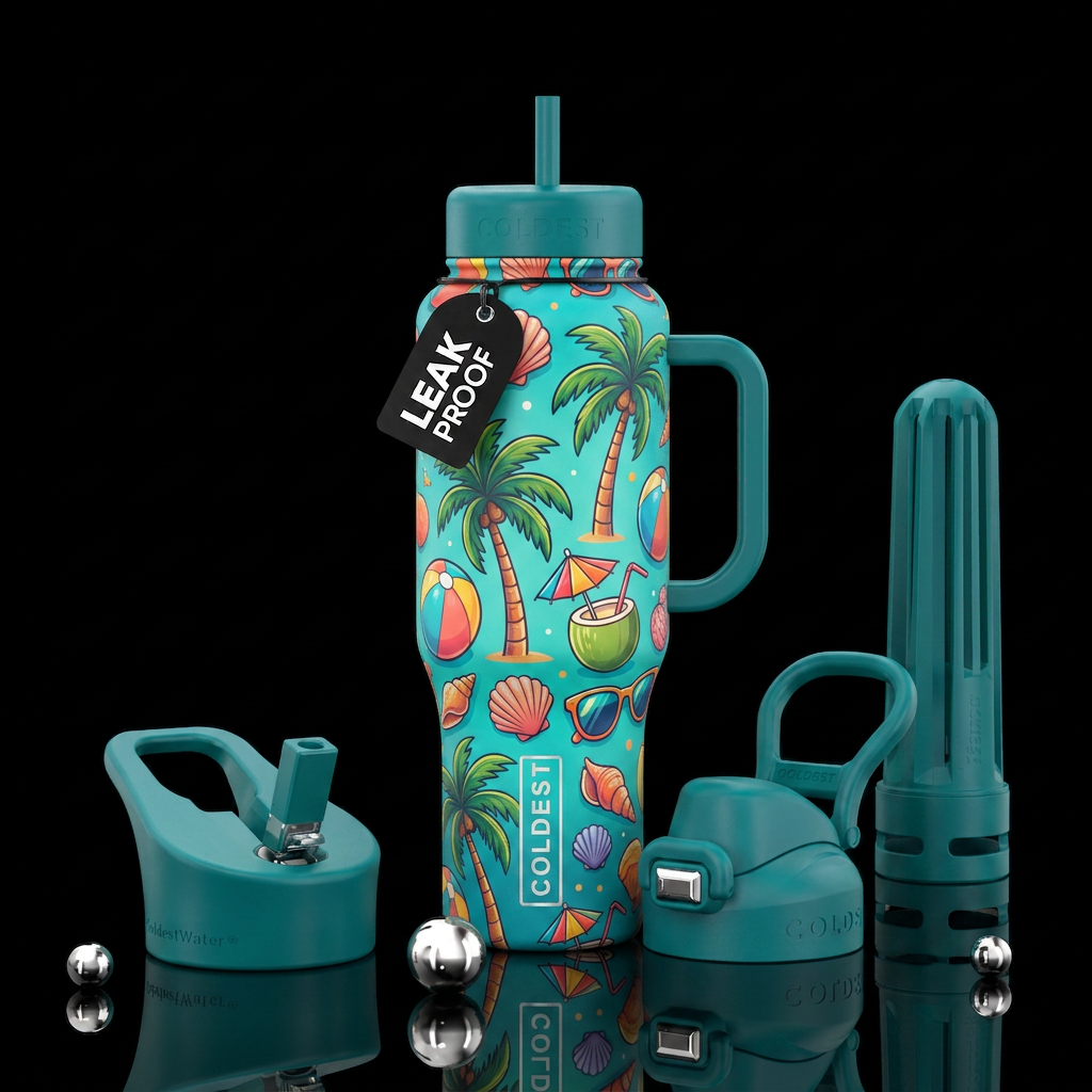 Palm trees and sandy knees water bottle design