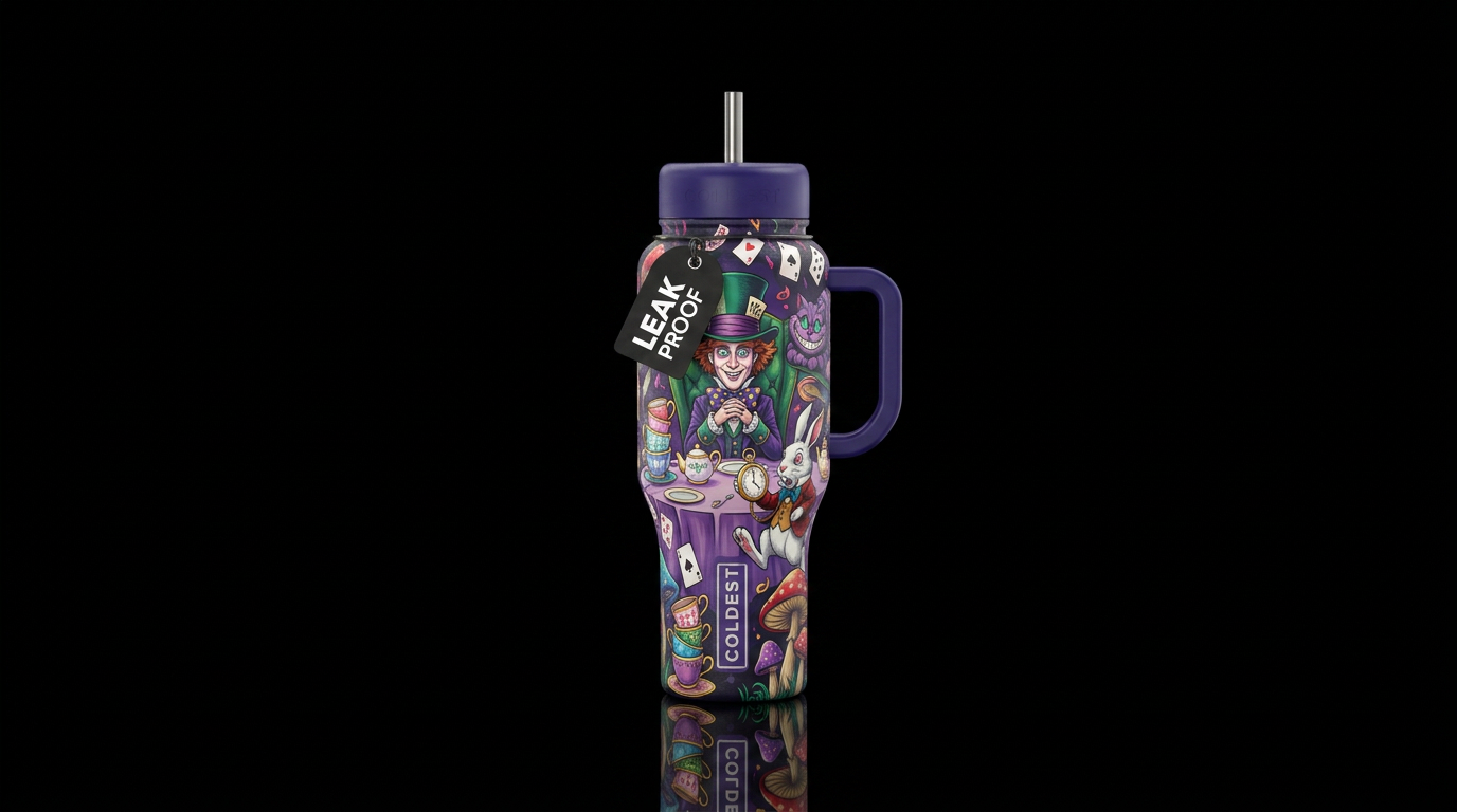 Mad hatter wonderland water bottle design