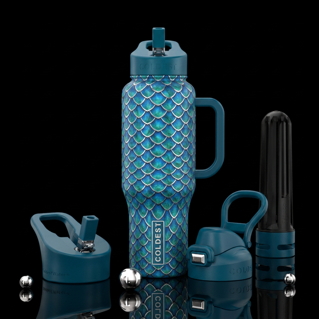 Blue and green dragon scale with silver outlines water bottle design