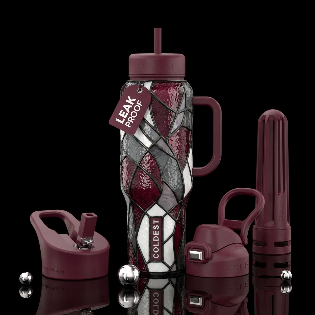 Burgundy, grey and white stained glass water bottle design