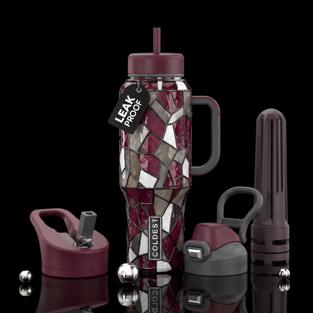 Burgundy, grey and white stained glass water bottle design