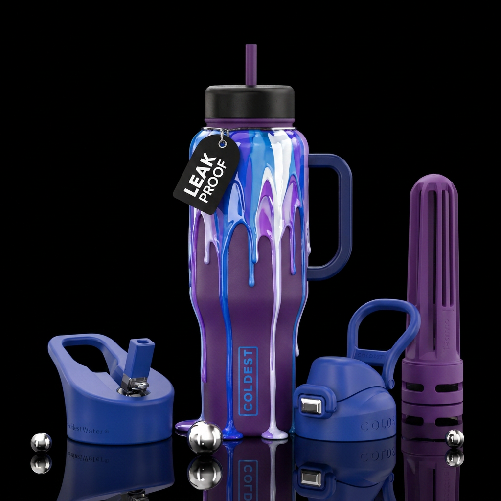 shiny blue, purple and white dripping water bottle design