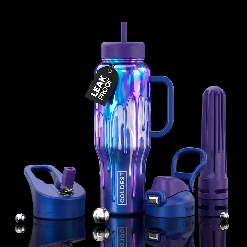 shiny blue, purple and white dripping water bottle design
