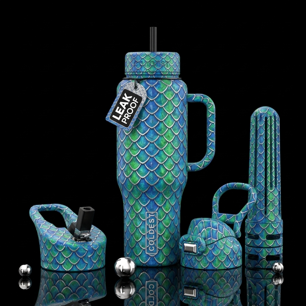 Blue and green dragon scale with silver outlines water bottle design