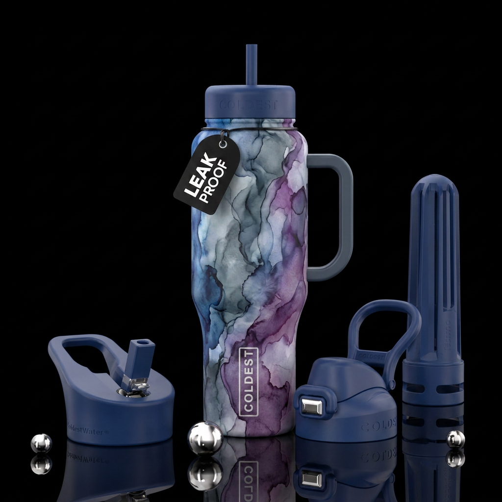 mythical blue, grey and purple, watercolor water bottle design