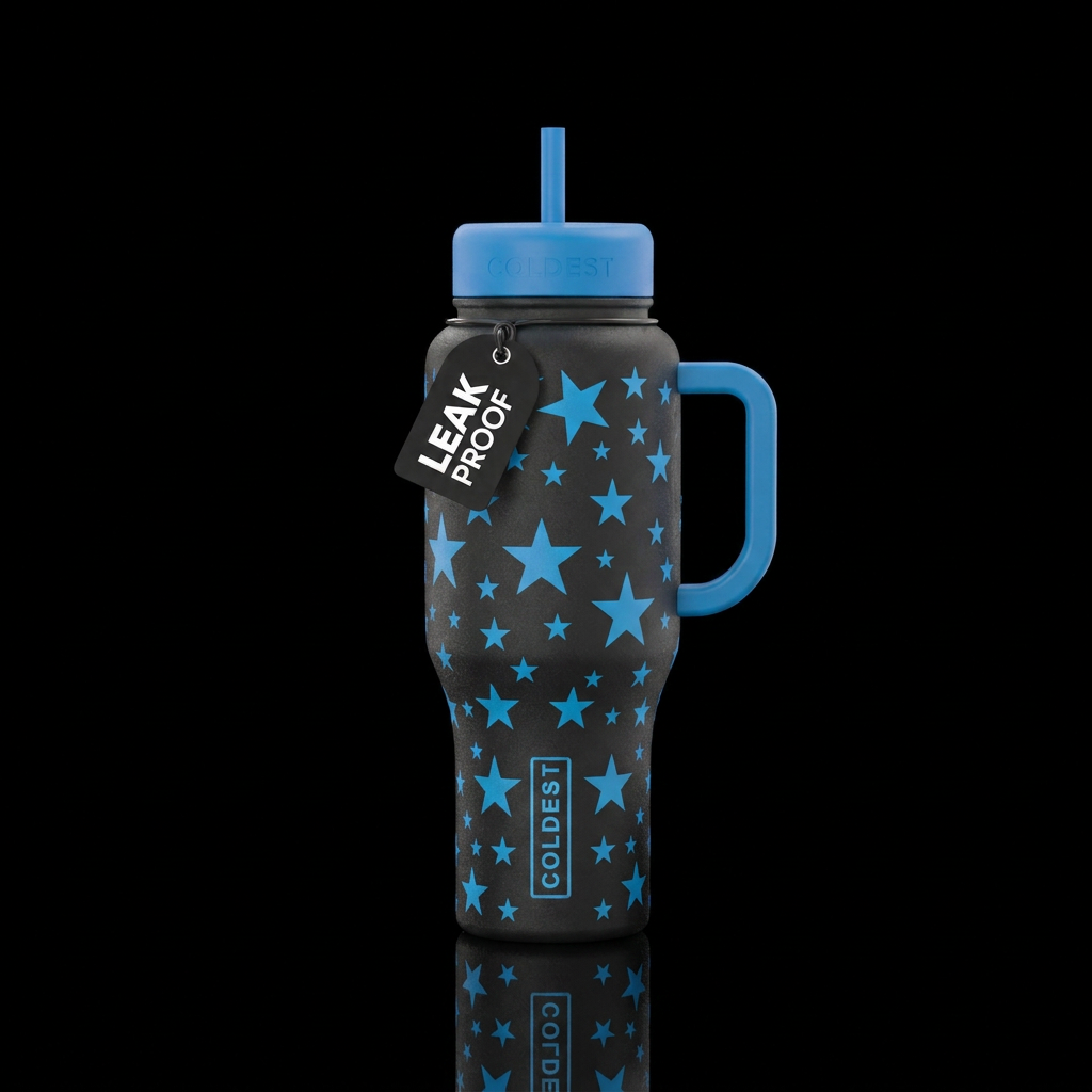 black coldest cup with blue stars on it water bottle design
