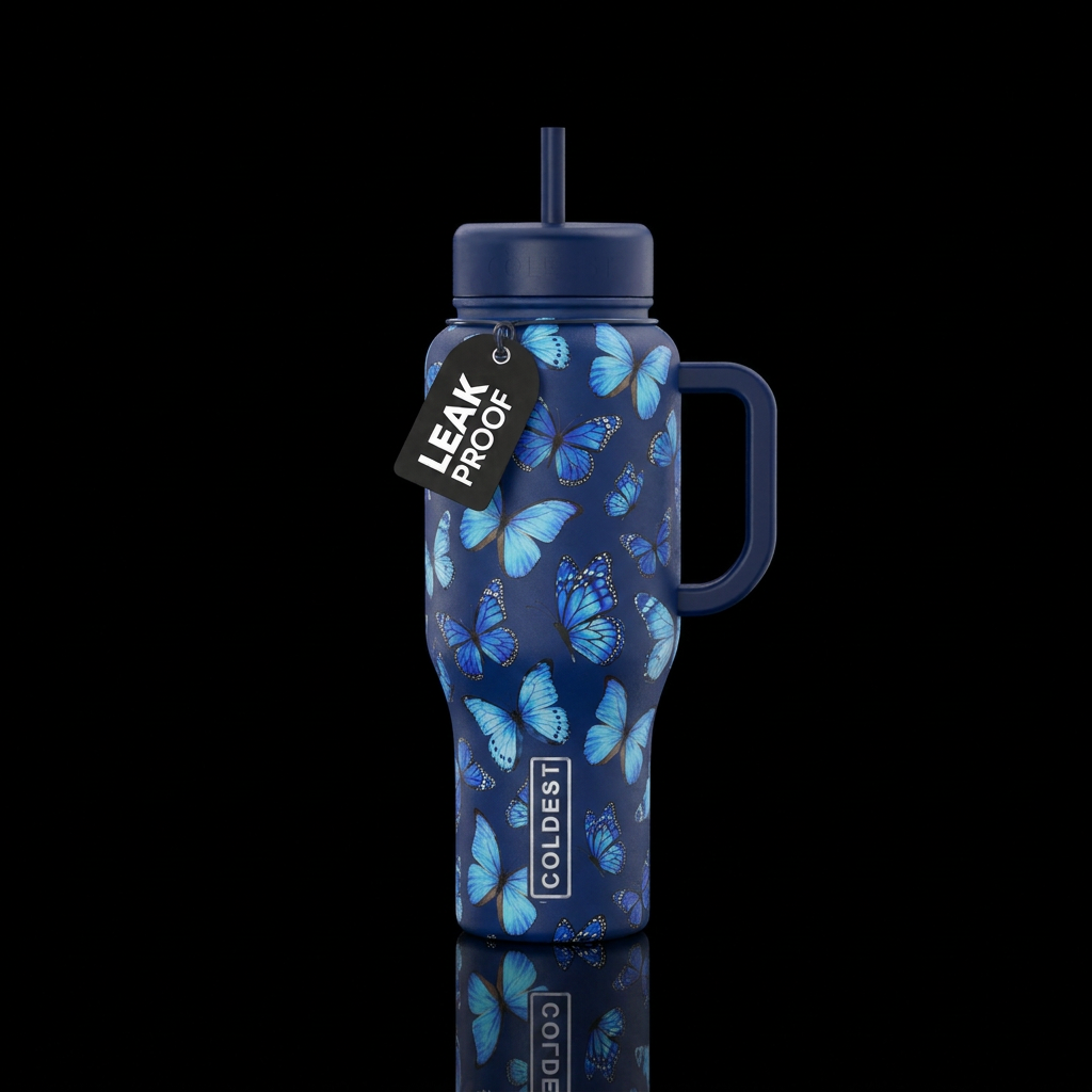 dark blue cup with blue butterflies on it water bottle design