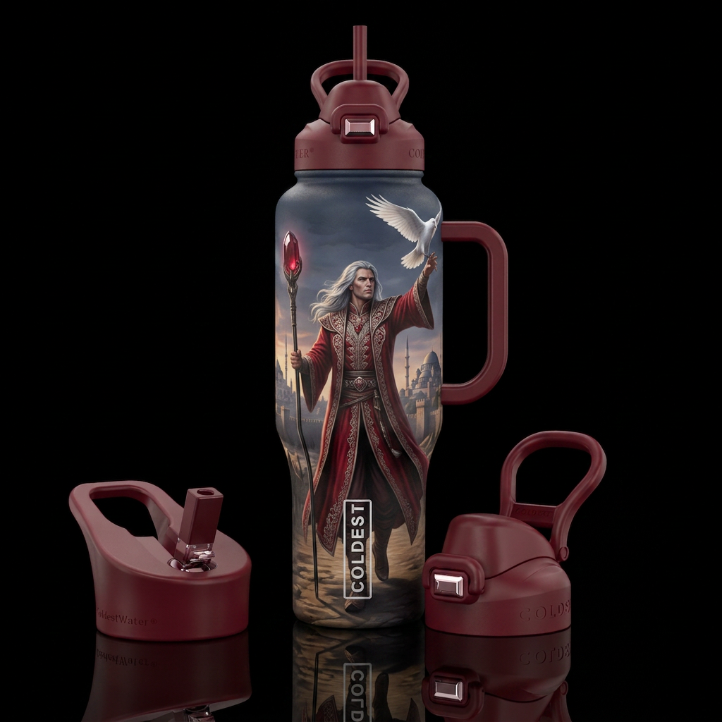 powerfully built Scarlet Mage striding down the si... water bottle design
