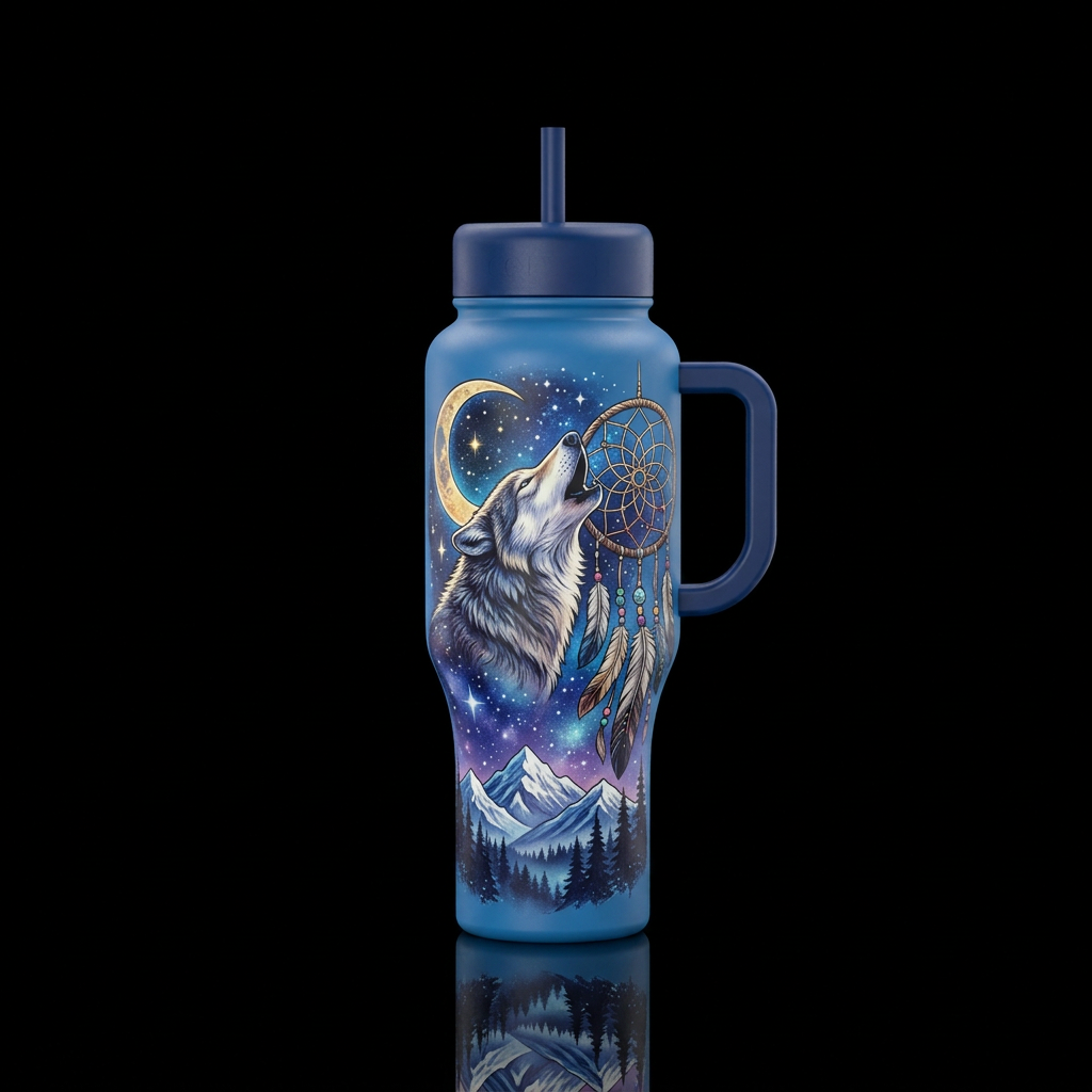 Blue bottle with snow capped mountains a wolf howl... water bottle design