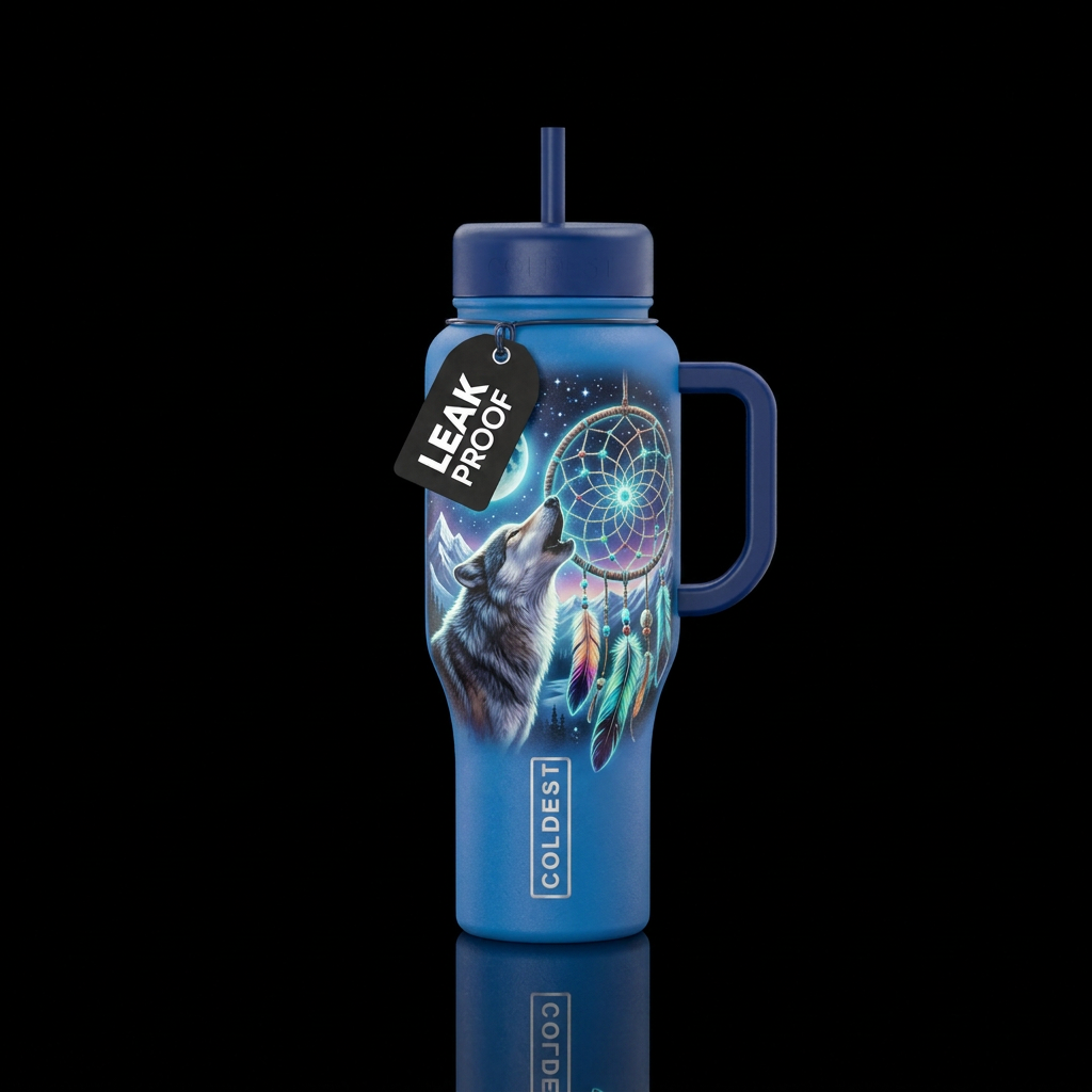 Blue bottle with snow capped mountains a wolf howl... water bottle design