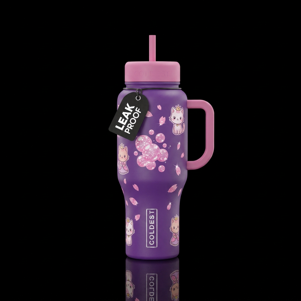 Purple  bottle pink buble kitty  princess  sparkli... water bottle design