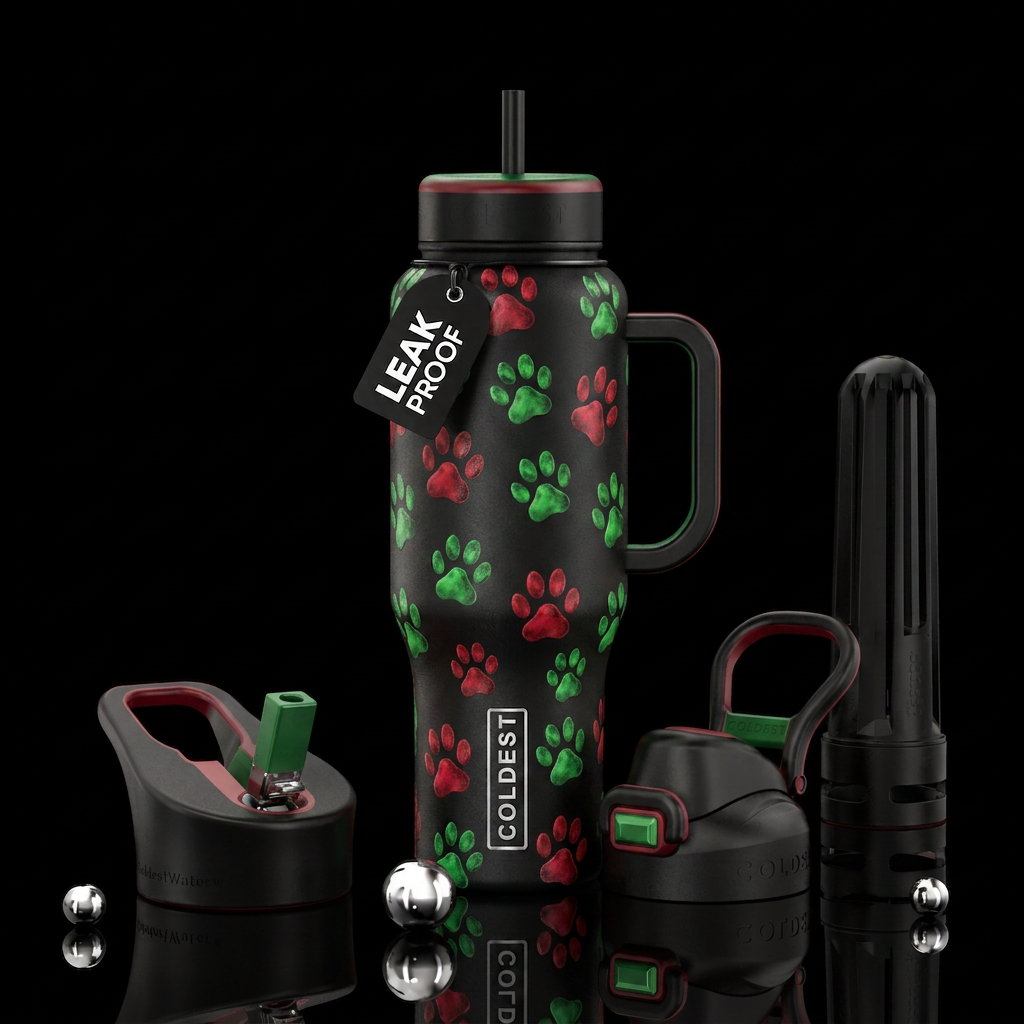Red and green paws on black bottle water bottle design