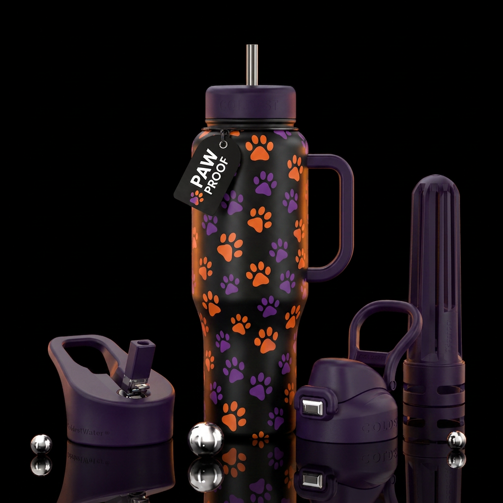 Orange and purple paws on black bottle water bottle design