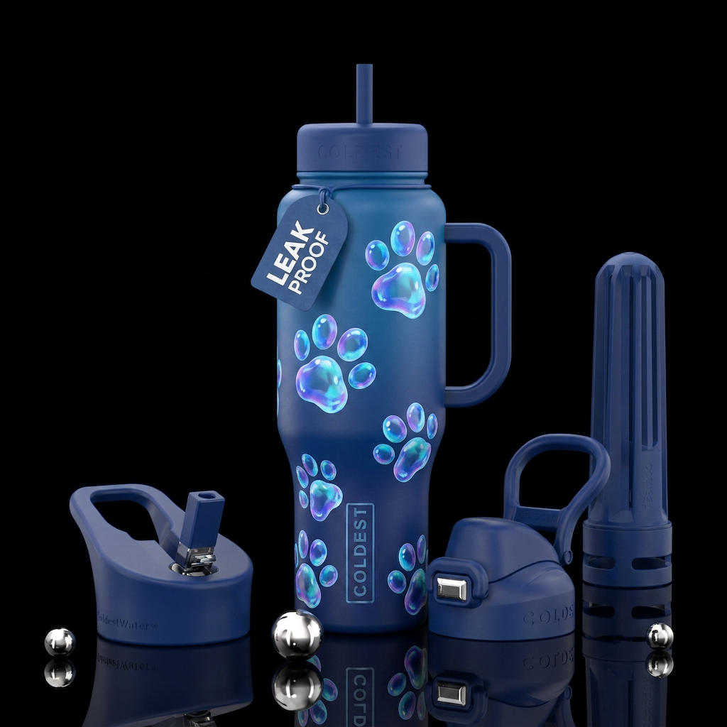 Bubble paws on a blue bottle water bottle design