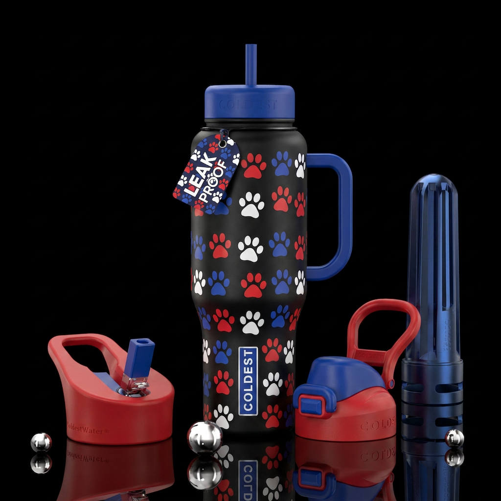 Red white and blue paws water bottle design