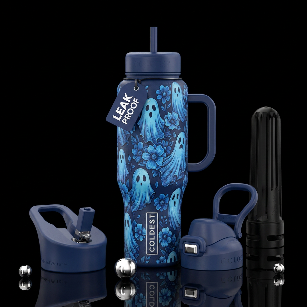 Blue ghosts and blue flowers on a dark blue bottle water bottle design