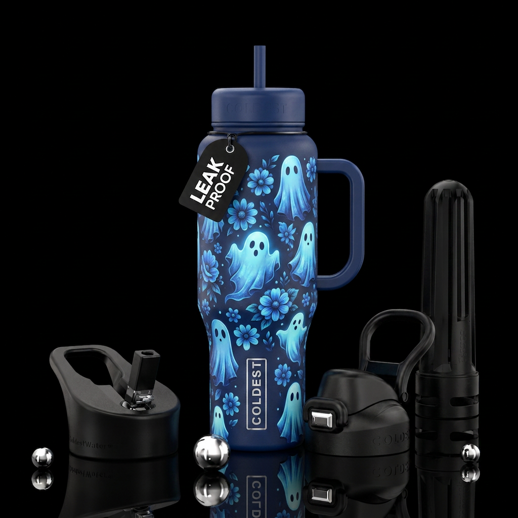 Blue ghosts and blue flowers on a dark blue bottle water bottle design