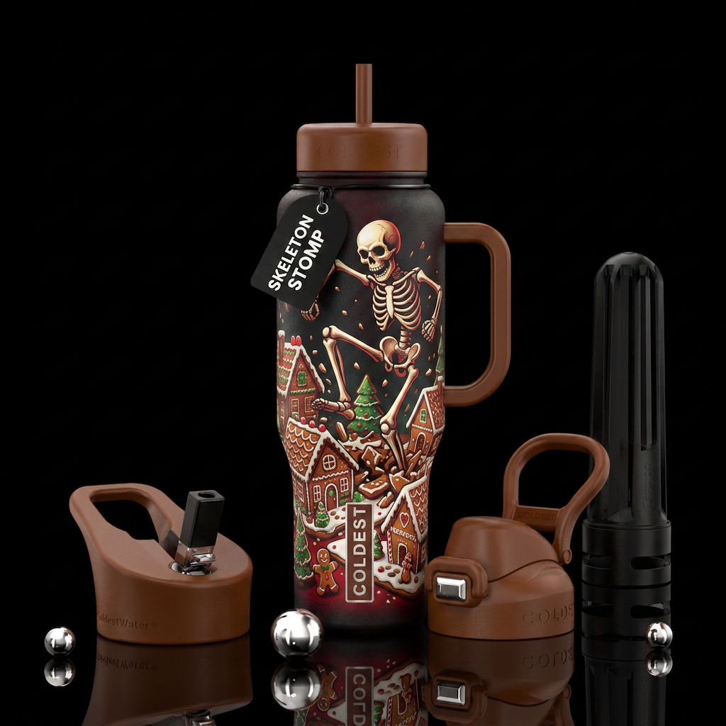 Skeleton stomping on gingerbread village water bottle design
