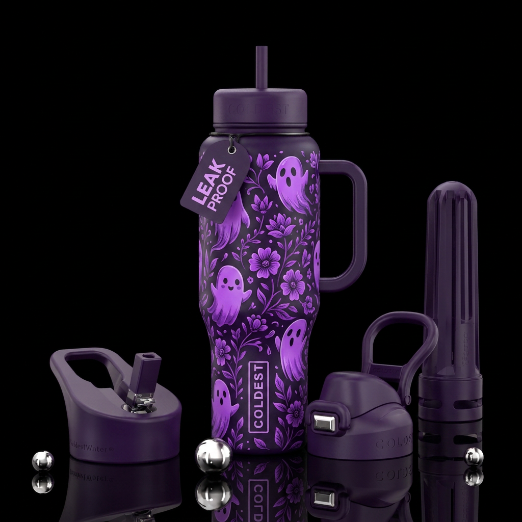 Purple ghosts and purple flowers on a dark purple ... water bottle design