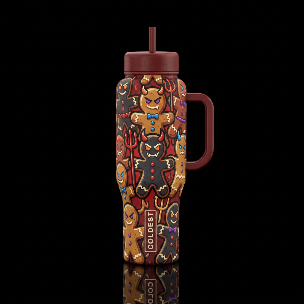 Evil gingerbread men water bottle design