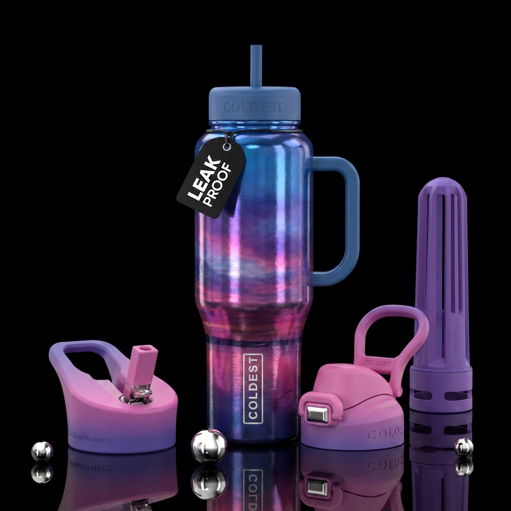 Blue pink and purple sunset water bottle design