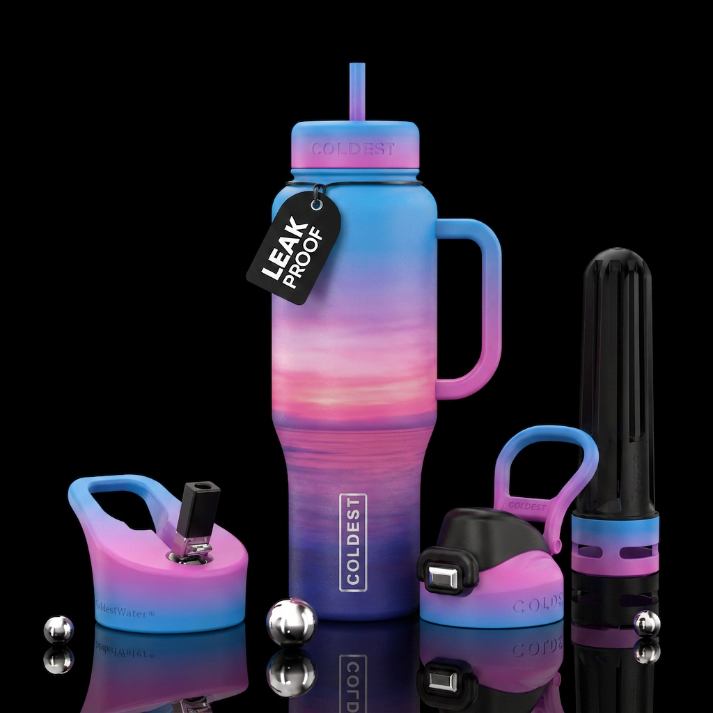 Blue pink and purple sunset water bottle design