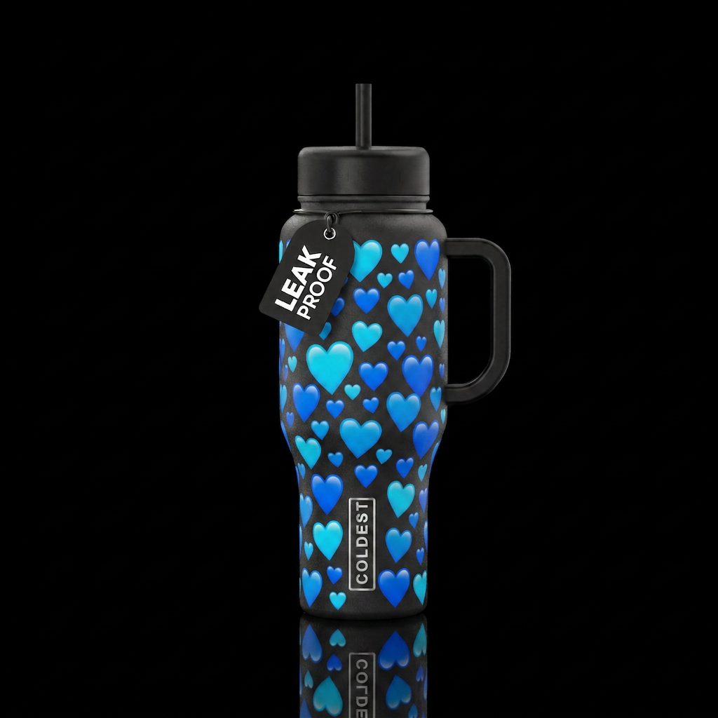 Blue heart emojis on a black bottle water bottle design