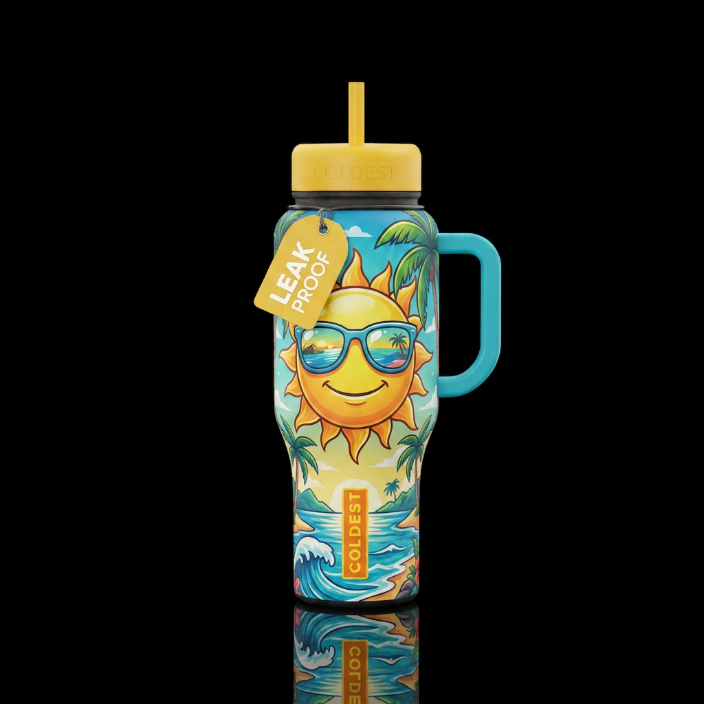 Summer sun with a smile and sunglasses on water bottle design