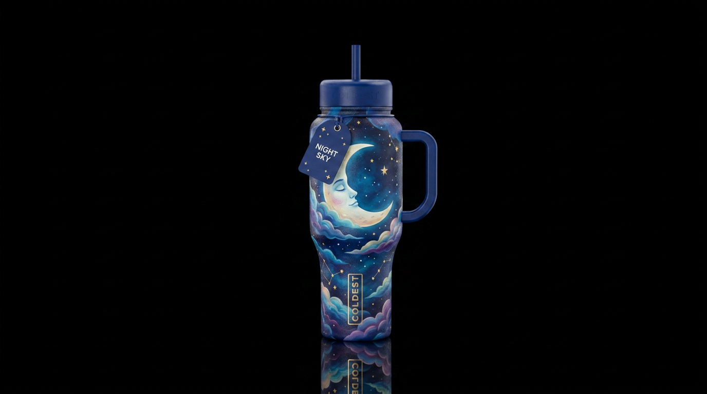 Moon sleeping in the night sky water bottle design