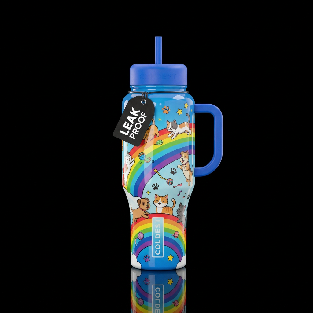 Rainbow bridge with cats and dogs playing water bottle design
