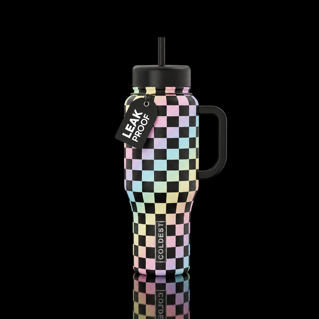 Pastel rainbow and black checkers water bottle design