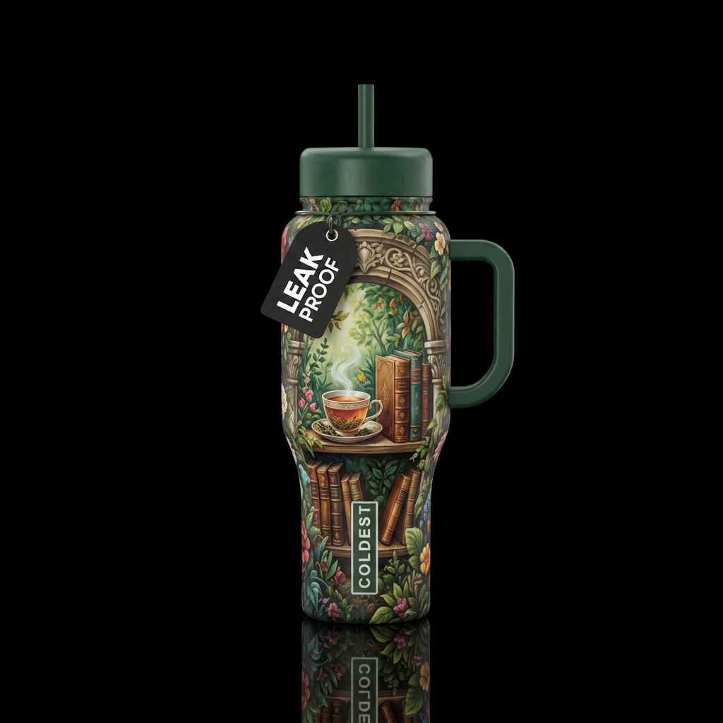 Secret garden, shelves of antique books, cup of ho... water bottle design