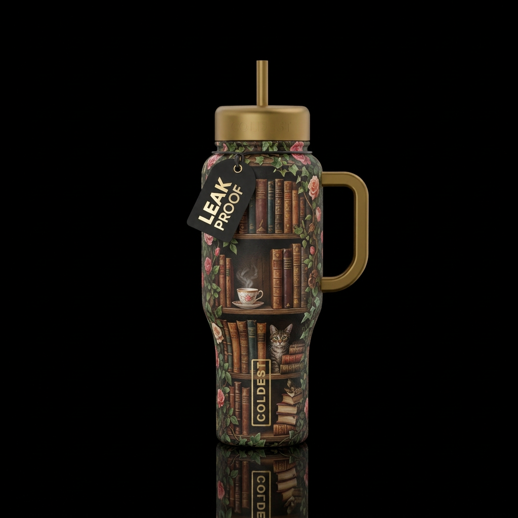 Secret garden, shelves of antique books, cup of ho... water bottle design