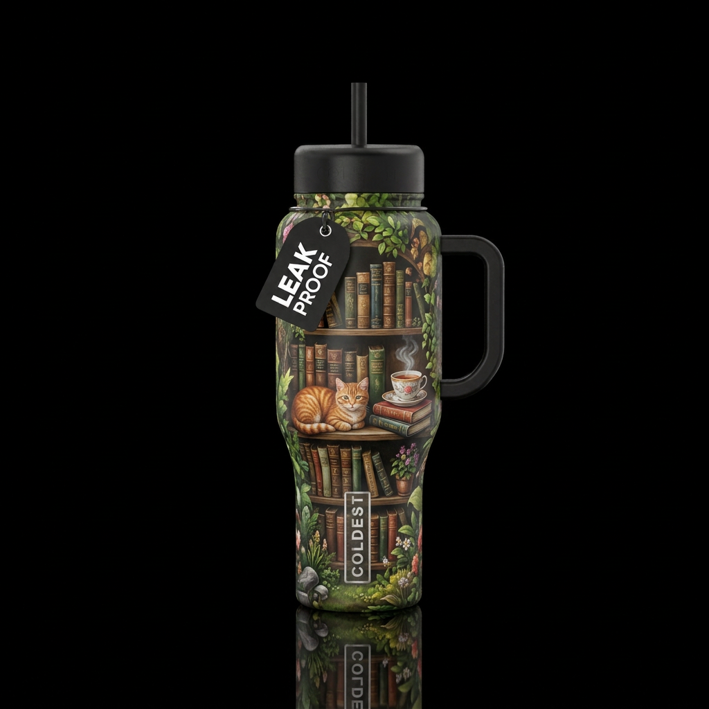 Secret garden, shelves of antique books, cup of ho... water bottle design