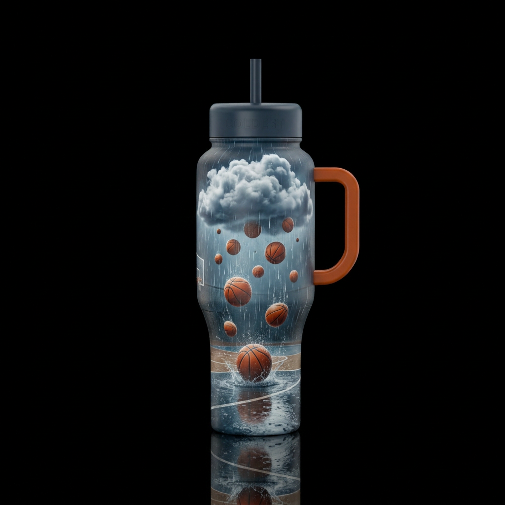realistic basketballs falling out of a rain cloud ... water bottle design