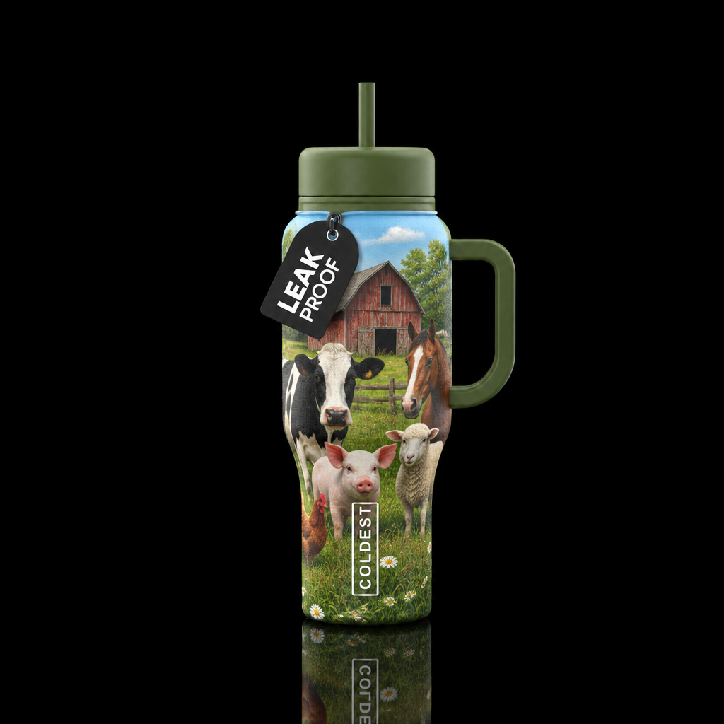 Barn yard animals on a farm with green grass and a... water bottle design