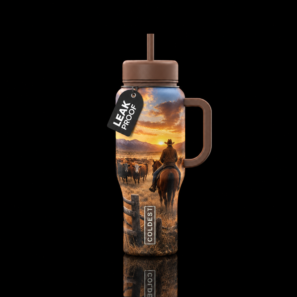 frontier ranch life, with horses and cattle and a ... water bottle design