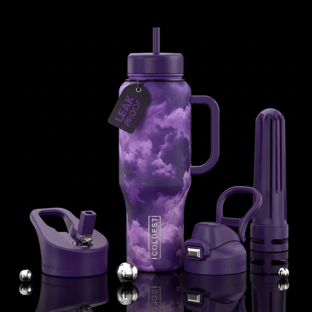Purple clouds water bottle design