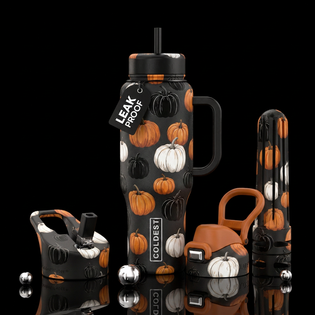 Black white and orange pumpkins water bottle design