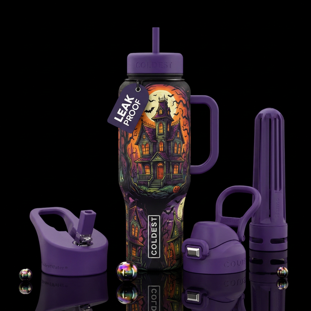 Haunted Halloween houses water bottle design