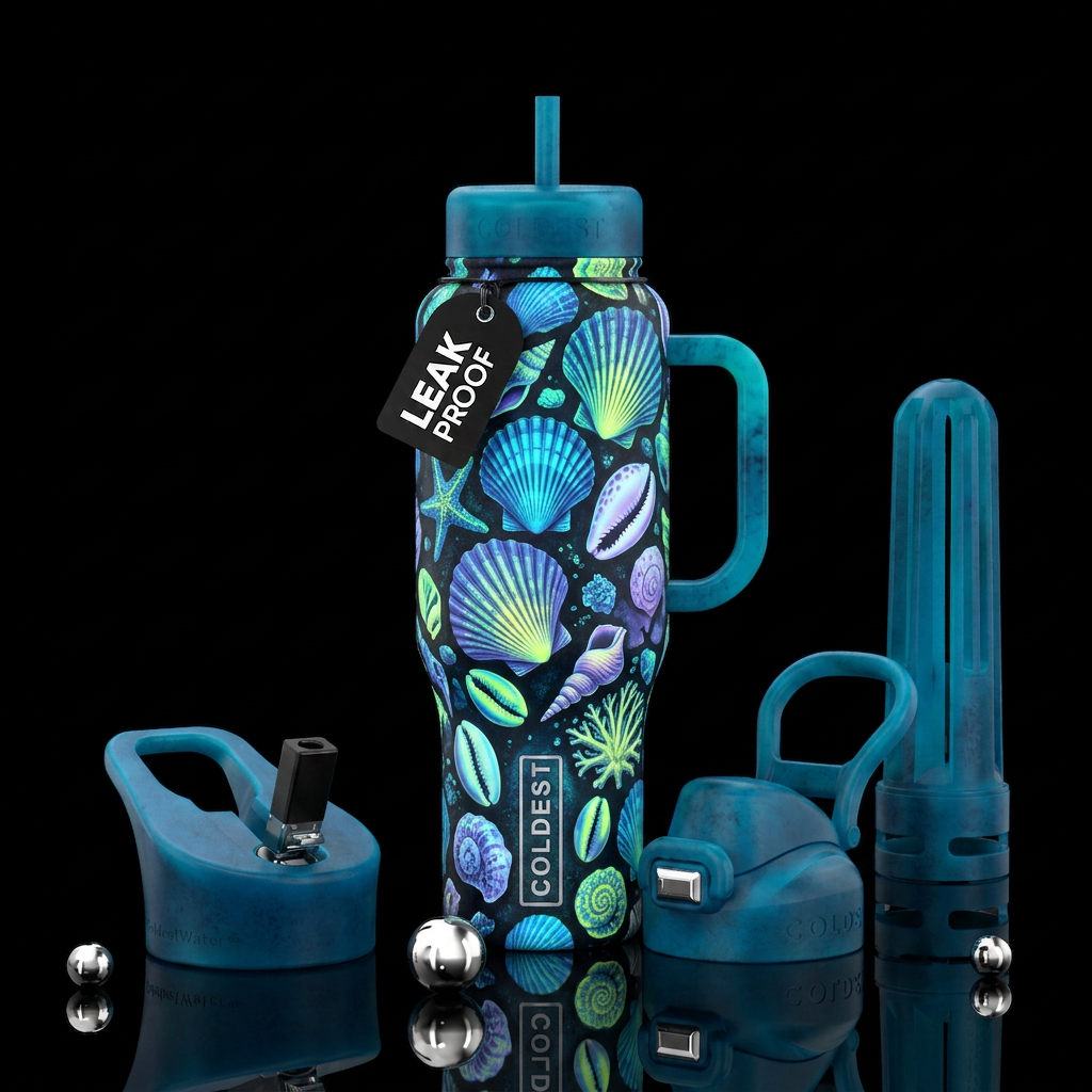 Glow in the dark sea seashells water bottle design