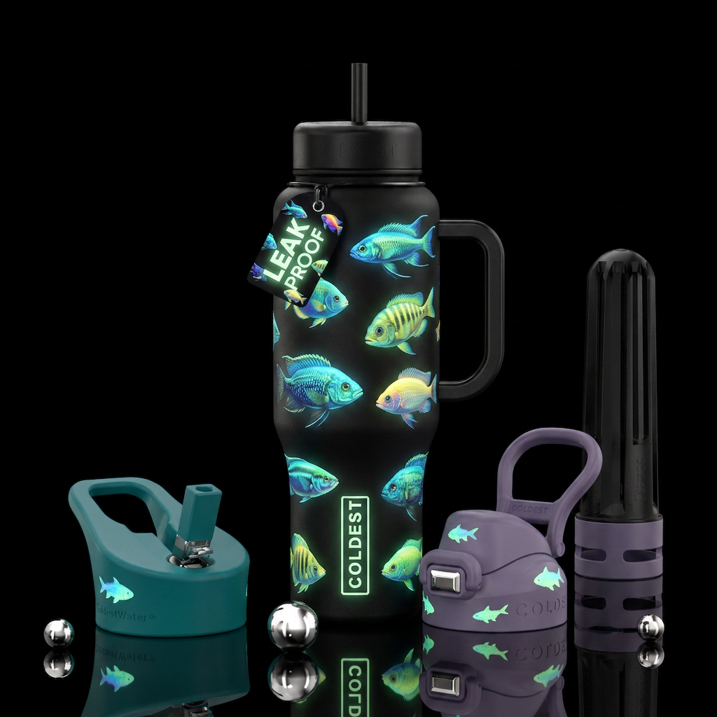 Glow-in-the-dark fishes water bottle design