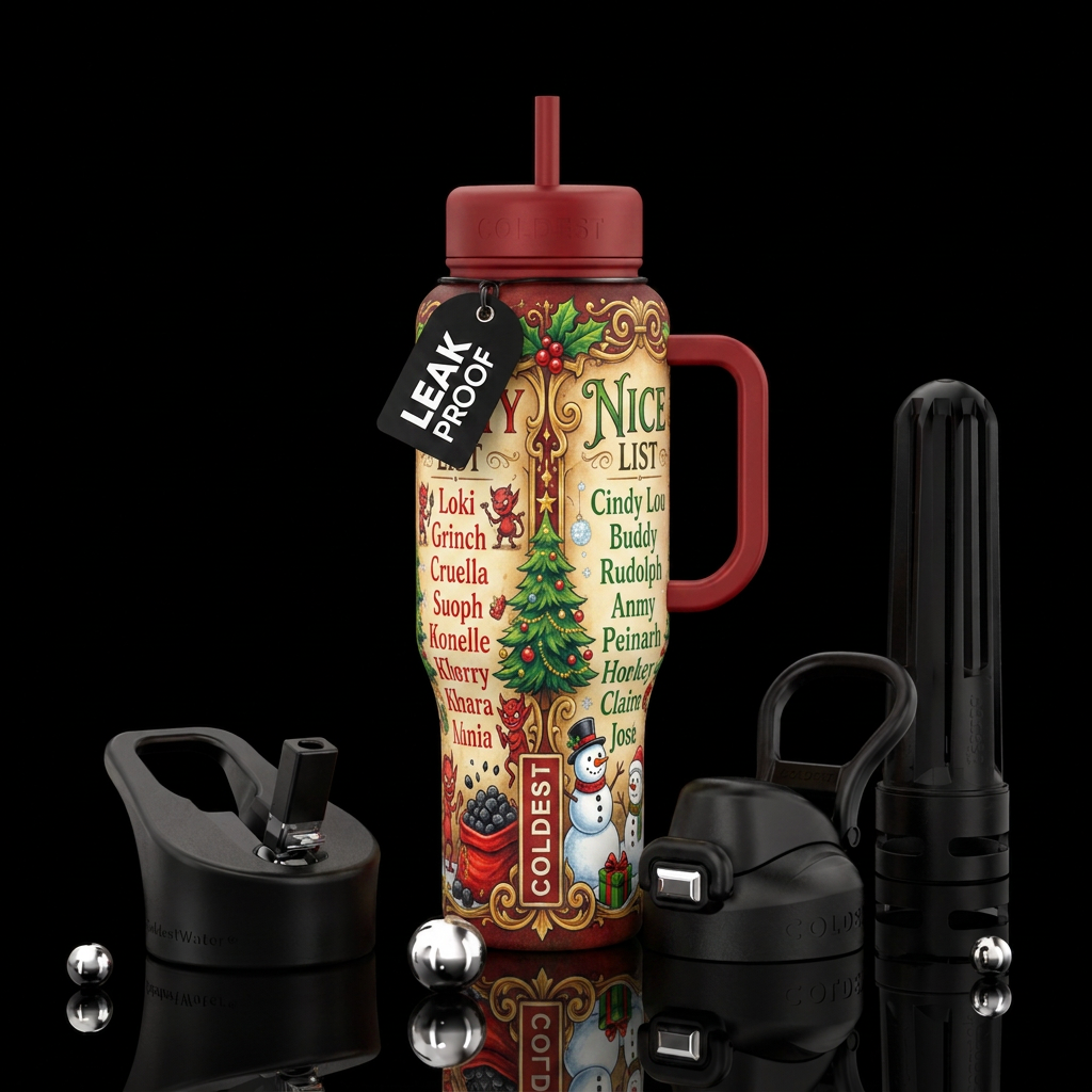 Naughty and nice list water bottle design