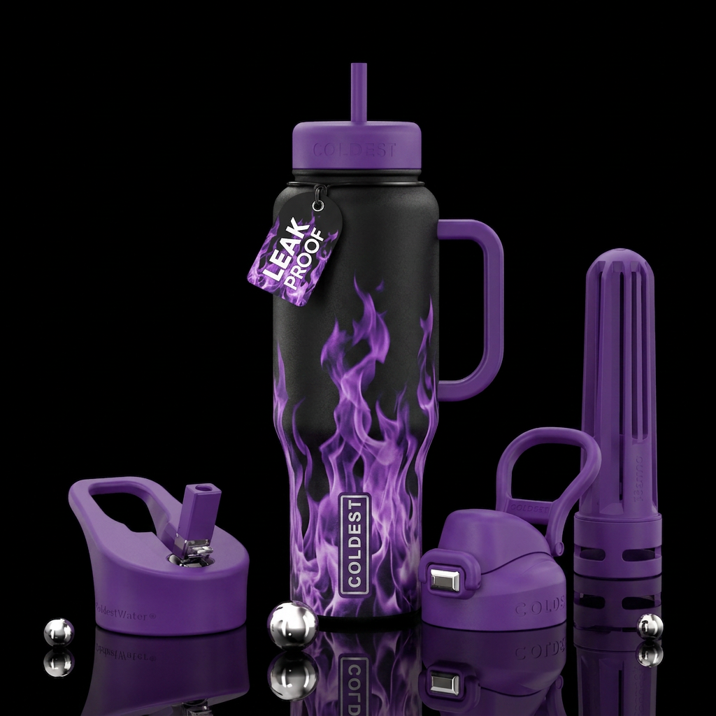 Purple flames water bottle design