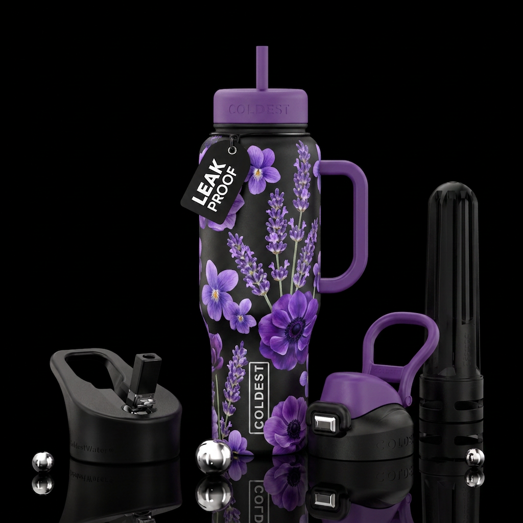 Purple flowers water bottle design