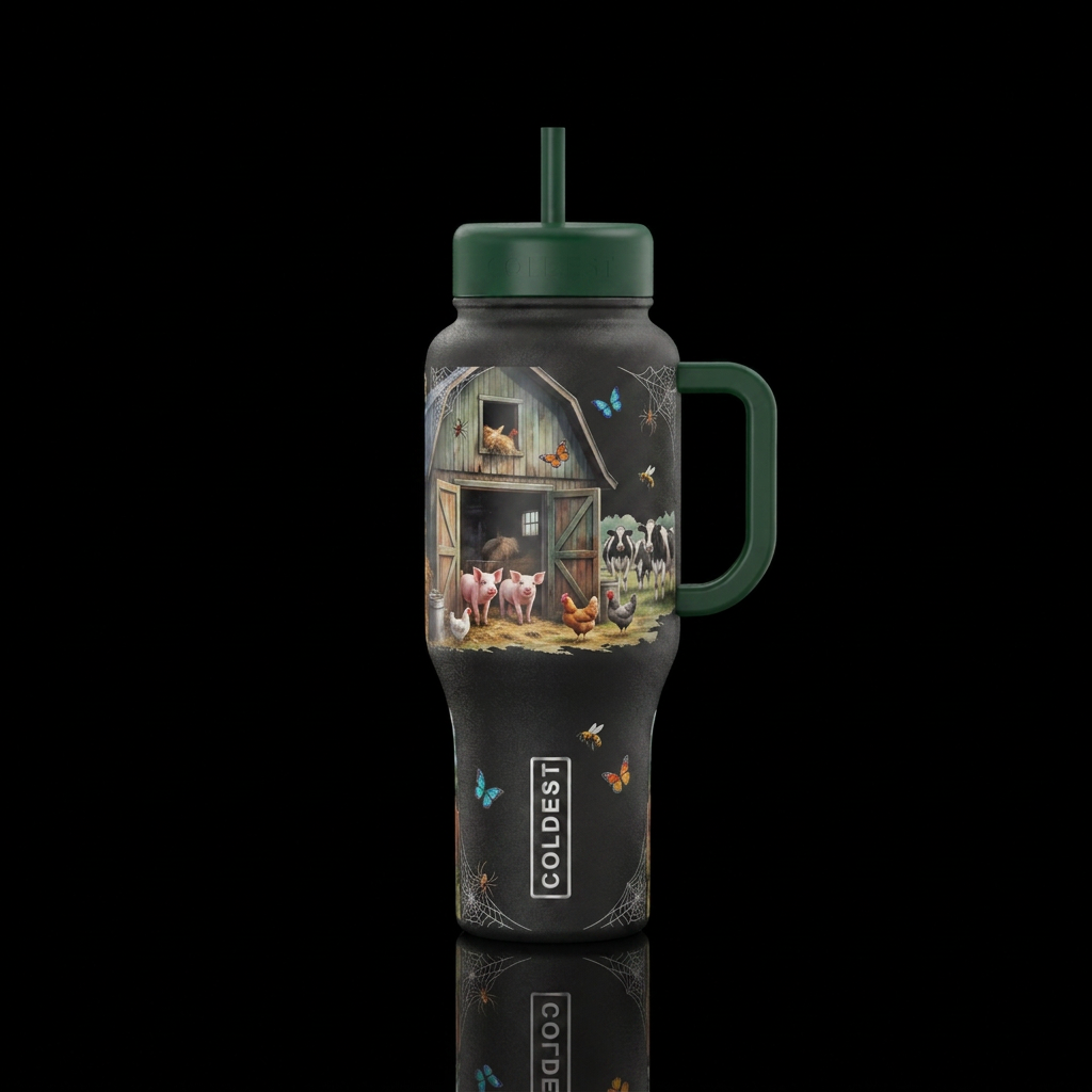 Barn with open doors,  piglets and chickens inside... water bottle design
