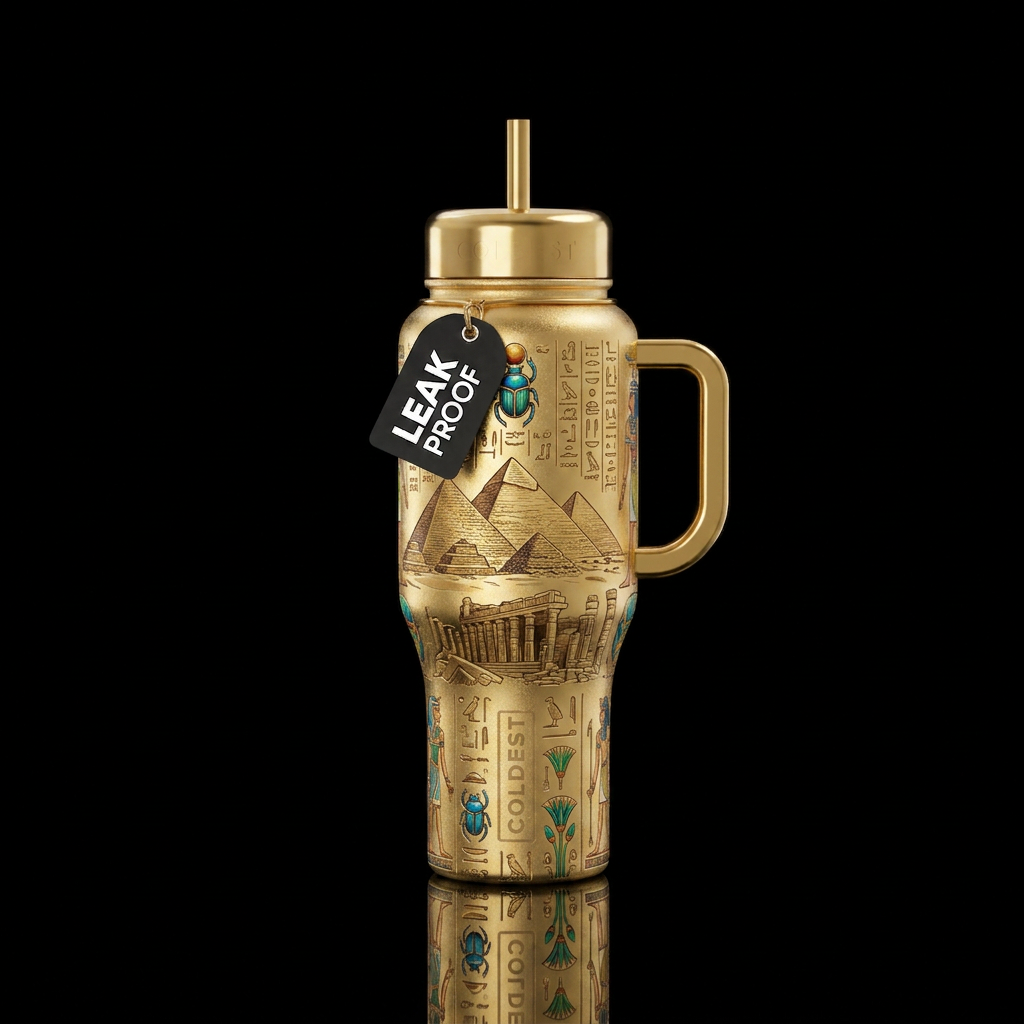 Egyptian vibe. Pyramids,  ruins.  Gold water bottle design