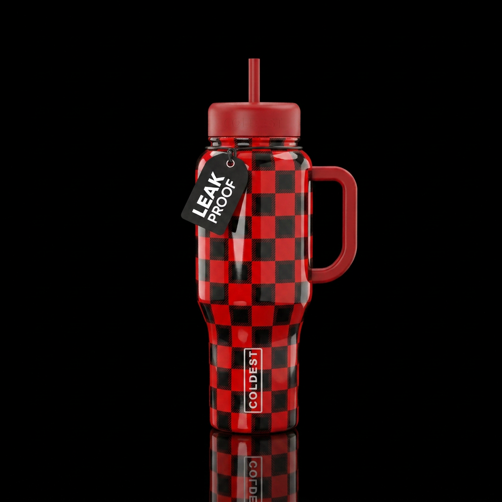 Red and black checkered water bottle design