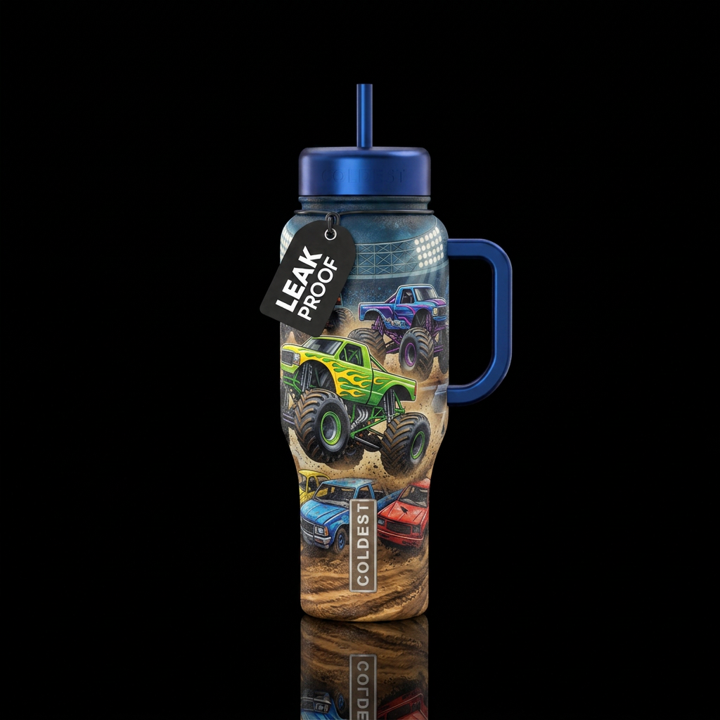 Monster trucks water bottle design