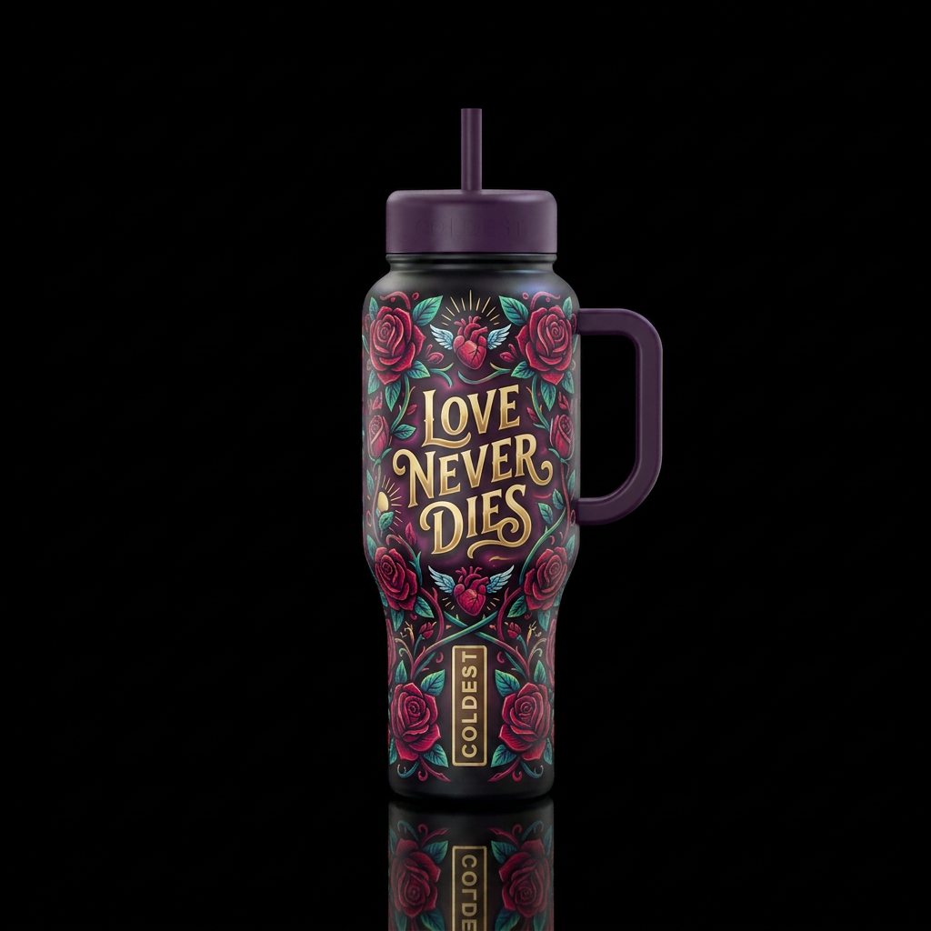 Love Never Dies water bottle design